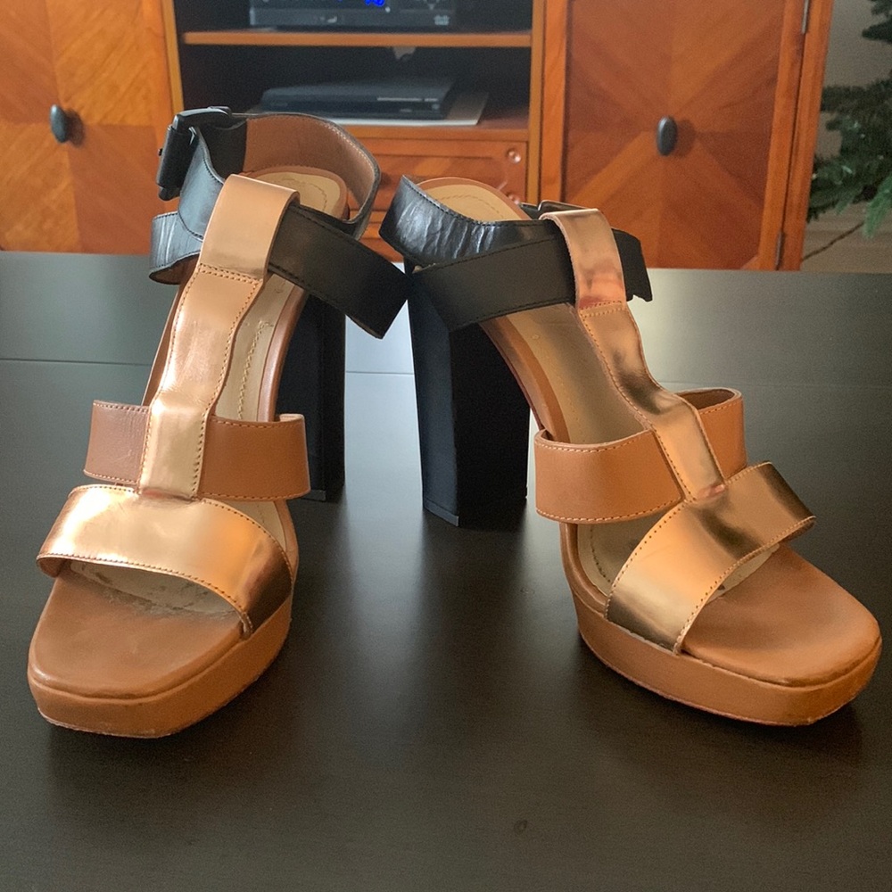 Elizabeth and James platform sandals - black, tan and rose gold - sz 9 1/2